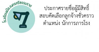 ประกาศรายชื่อผู้มีสิทธิ์สอบคัดเลือกลูกจ้างชั่วคราวตำแหน่ง นักการภารโรง